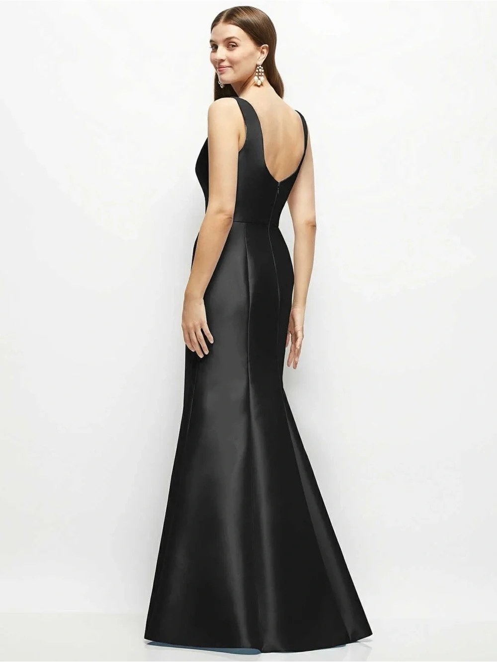 ALFRED SUNG Black Square-Neck Satin Maxi Gown D869 - Picture 2 of 7